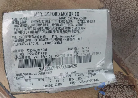 2010 Mercury Grand Marquis Ls (Fleet Only) from USA, damaged, VIN 2MEBM7FV2AX636428